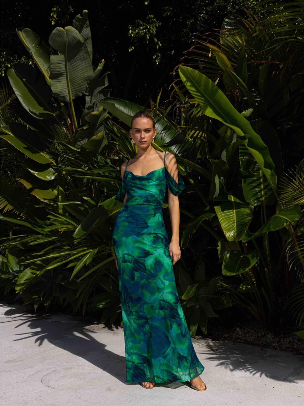 Green Marble-Print Maxi Slip Dress with Draped Straps